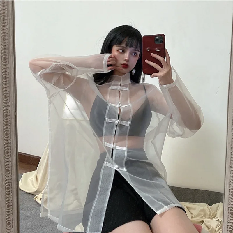 Chinese Style Blouse Harajuku Hanfu Women Clothing China Tops Tang Suit Vintage Net Yarn Transparent Blusas Mujer Streetwear New