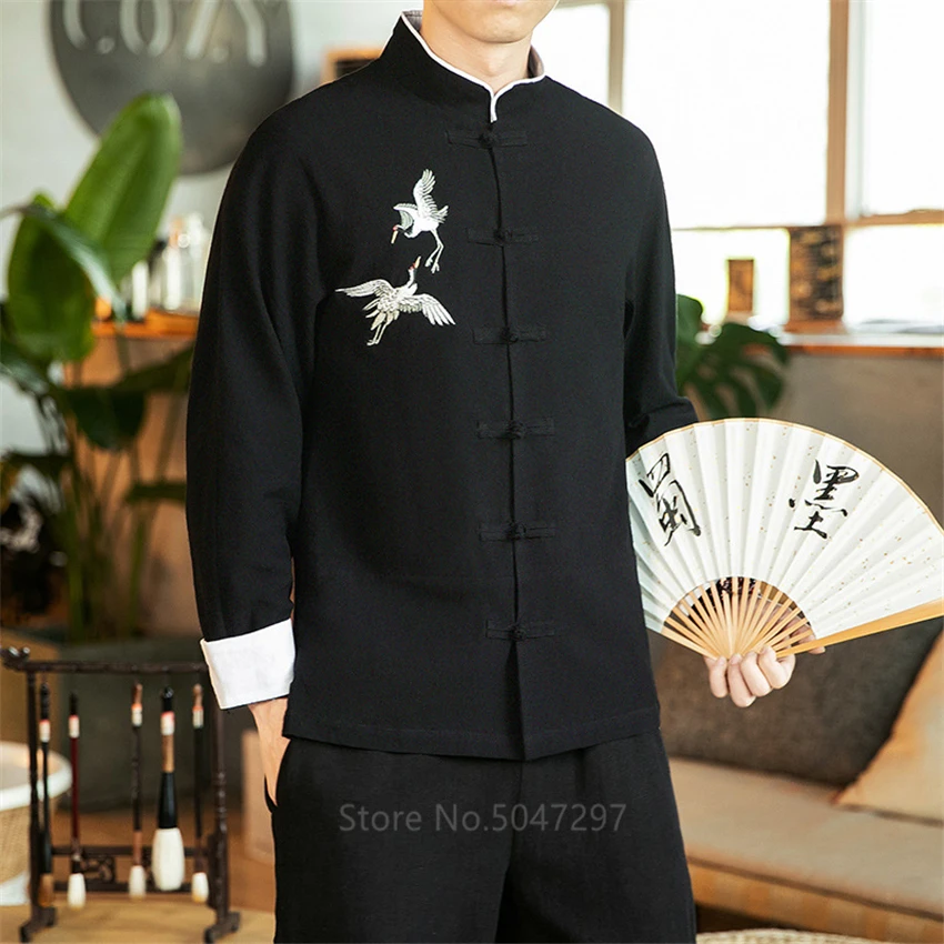 New Year Traditional Chinese Top for Men Embroidery Long Sleeve Solid Flax Hanfu Kung Fu Men Clothing Shirt Plus Size M-5XL
