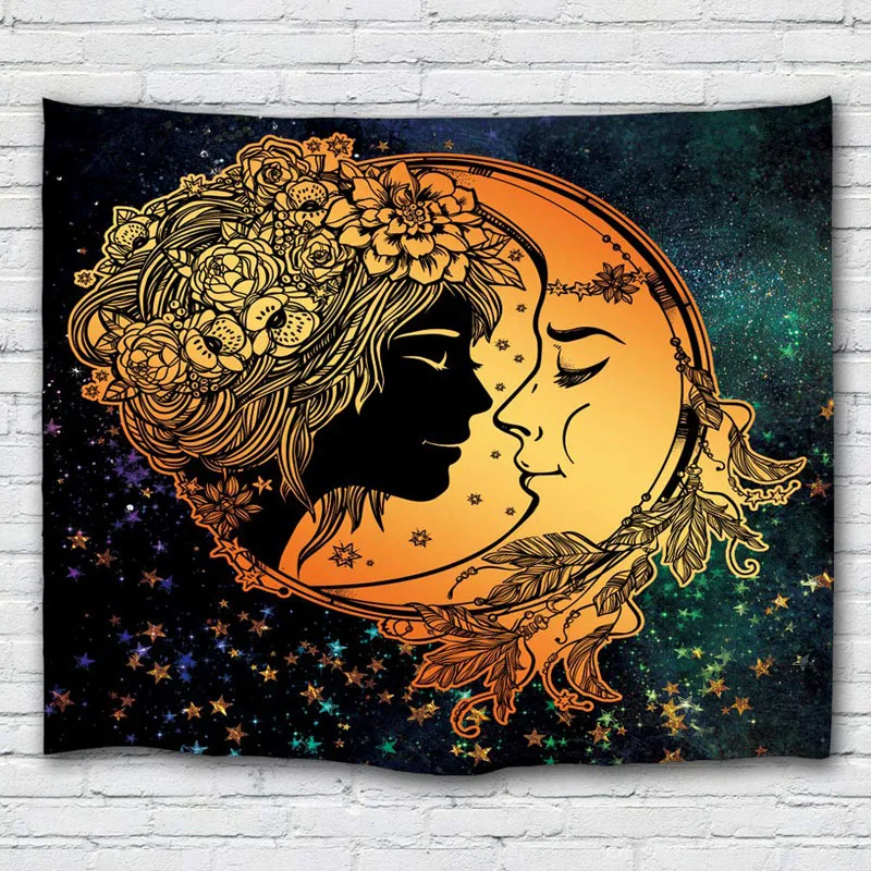Moon and Sun Tapestry Wall Hanging Bohemian Mandala Indian Hippie Galaxy Yellow Wall Tapestry for Livingroom Bedroom Dorm Home