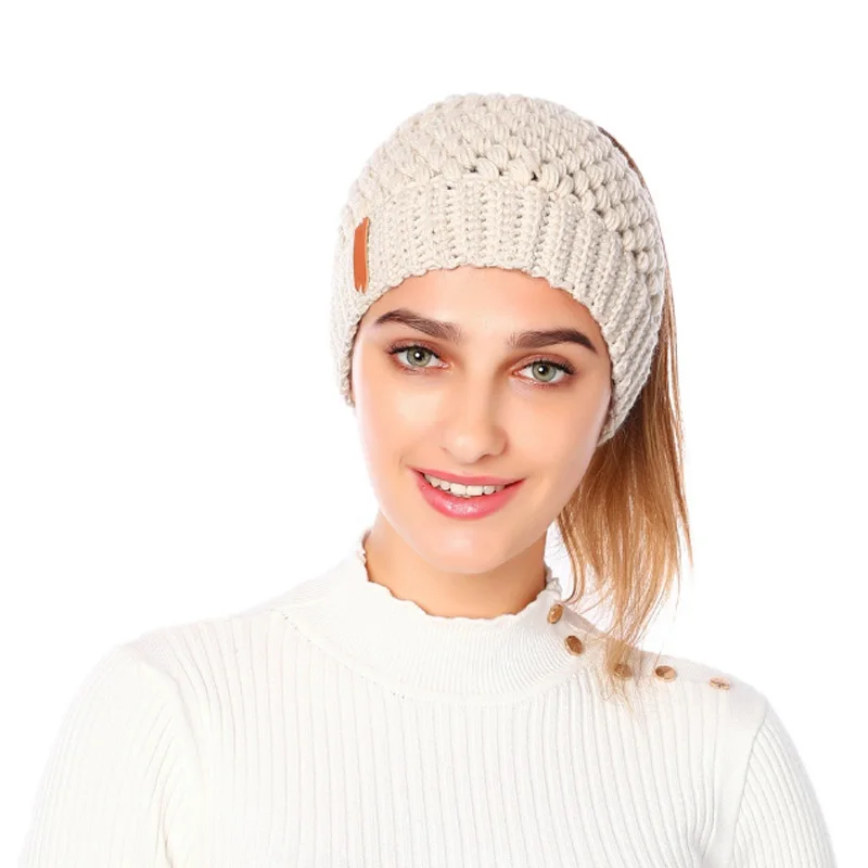 

Warm Soft Ponytail Messy Knit Winter Cap Ponytail Womens Stretch High Beanie Hat