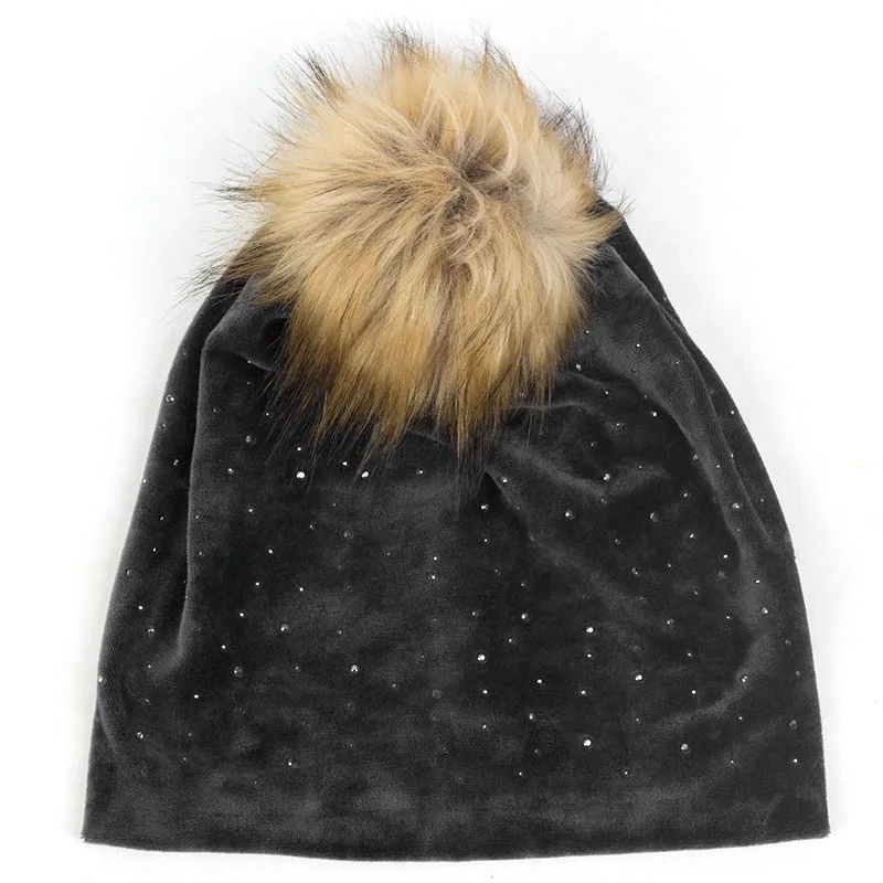 Geebro, Женские Мешковатые бархатные шапки, стразы, вязаные шапочки с «алмазным» узором, с искусственным мехом, с помпоном, зимняя теплая шапка для женщин, DK947 - Цвет: Dark gray16