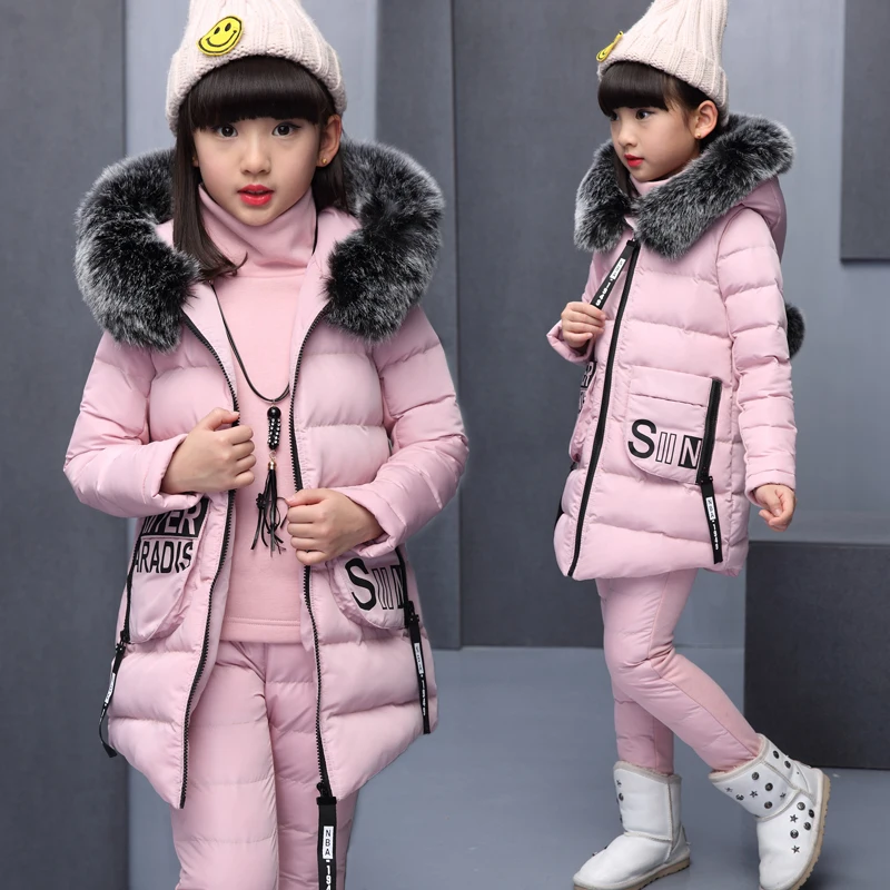 Комплекты одежды для девочек для русской зимы, теплый жилет с капюшоном, куртка+ теплый топ, хлопковые штаны, комплект из 3 предметов, хлопковое пальто с меховым капюшоном для девочек