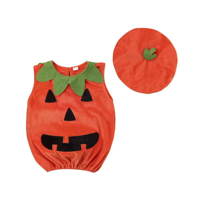 2PCS Halloween Costumes Toddler Baby Boys Girls Romper Pumpkin Sleeveless Jumpsuit Hat Outfit Baby Clothes 0-3Years