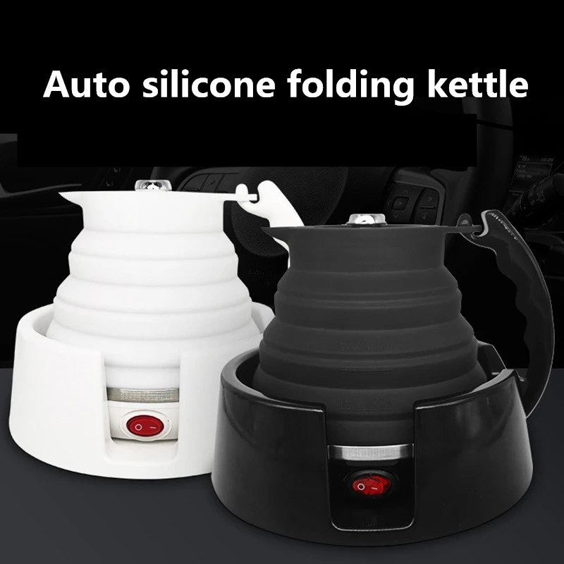 

450ml Portable Car Electric Kettle Silicone Foldable 12V Insulation AntiScald White/Black Car Travel Coffee Heater Boiling Water