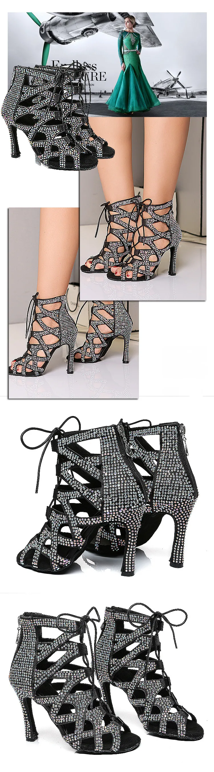 Latin Dance Shoes For Women Dance Shoes Cuban Heel Ballroom Shoes Women Dancing Boots Rhinestones Dance Sandals Jass Dance