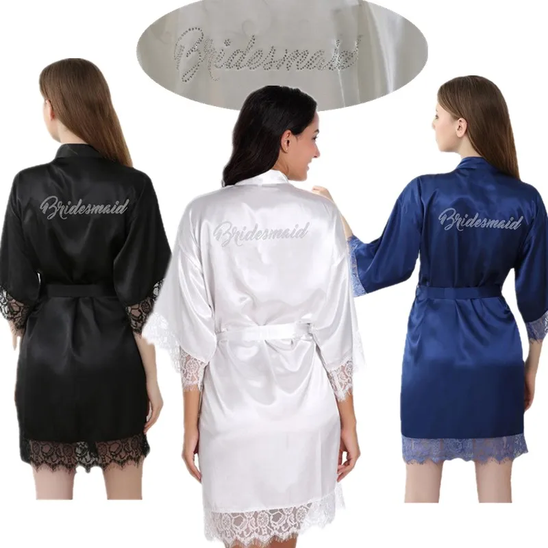 

Wholesale Bridesmaid Letter Rhinestone Women Satin Bath Robes Lace Sleepwear Kimono Wedding Party Nightgown Bathrobes T54