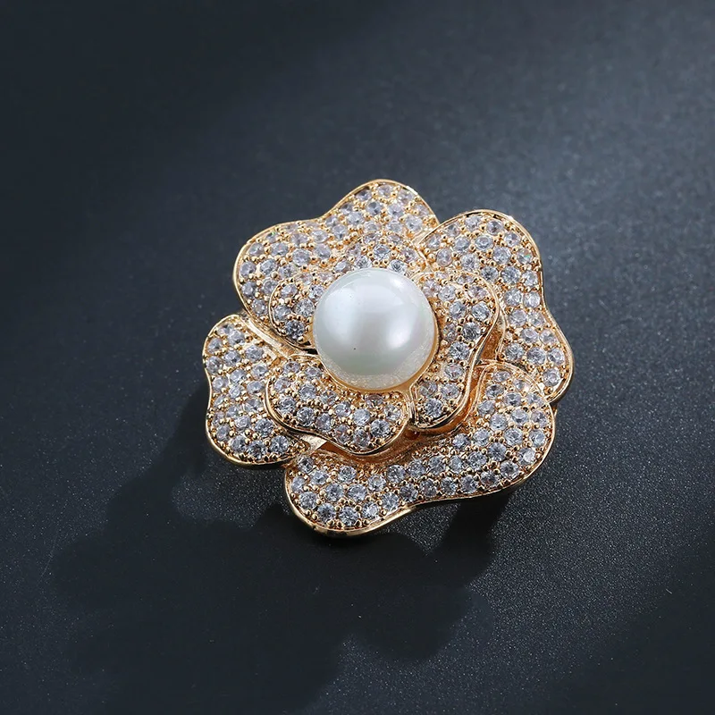 

Diamond Rose Flower 14K Soild Gold Brooches for Women Trendy Anniversary Fine Pearl Jewelry Christmas Luxury Pearl Brooch Pins