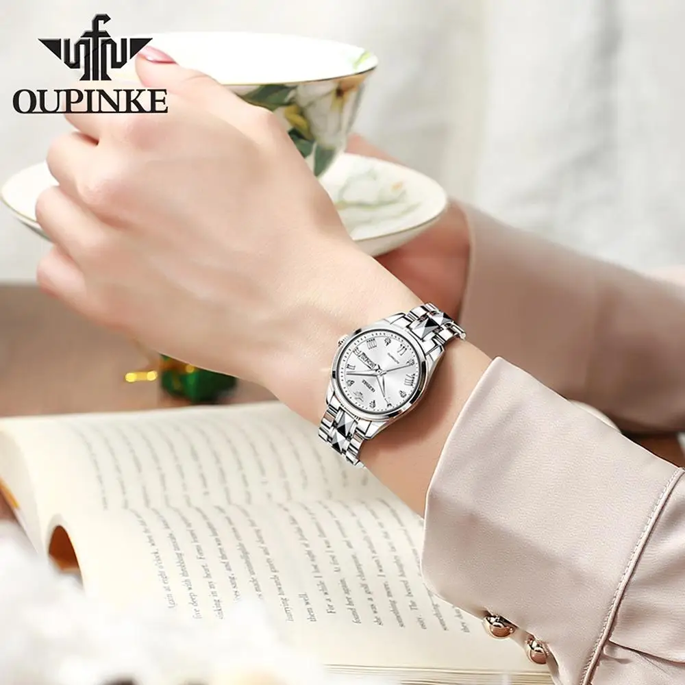 OUPINKE Top Luxury Women Wristwatch Automatic Mechanical Waterproof Watch Sapphire Mirror Tungsten Steel Watchstrap Lady Watches