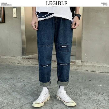 

LEGIBLE 2020 Straight Jeans Pants Mens Fashion Letter Printed Denim Pants Men Trousers Casual Loose Ankle-Length Pants Men