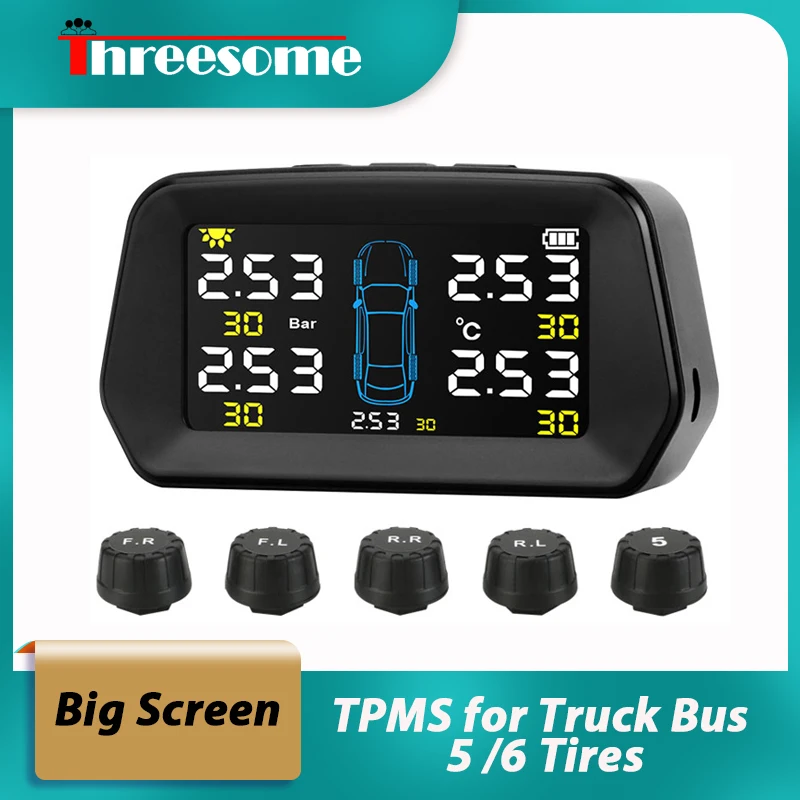 

Big Screen DisplayTPMS for Truck Bus 5 /6 Tires LED Color Tire Pressure Monitoring System Alarm USB Solar power Recharge 0-8bar