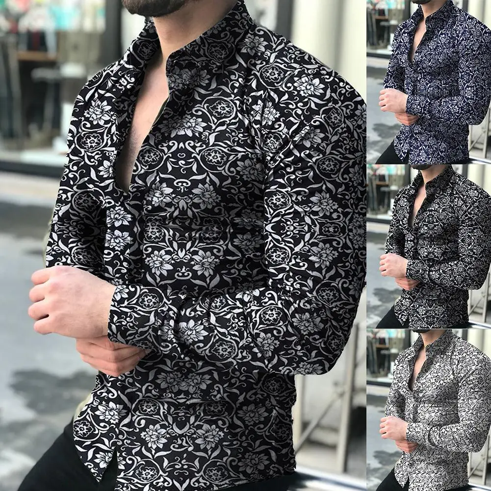 Camiseta con estampado Floral para hombre, Camisa ajustada de manga larga con botones y cuello vuelto, a la moda, 2020