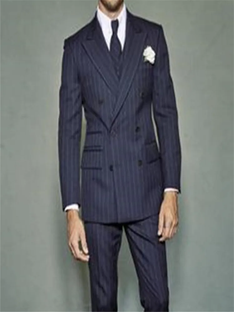 

2020 Custom Slim Fit tuxedo jacket men Navy Blue Notch Lapel Groom Tuxedos Men Suits Man Business men Suit Jacket+Pant+vest+tie