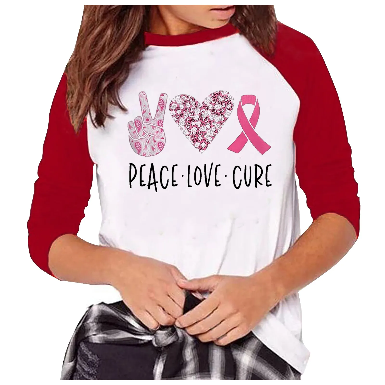 Peace Love Cure Ribbon T-shirt Aesthetic Breast Cancer Survivor Awareness Tshirt Women Graphic Disease Fighter Gift Top Tee#g3 2