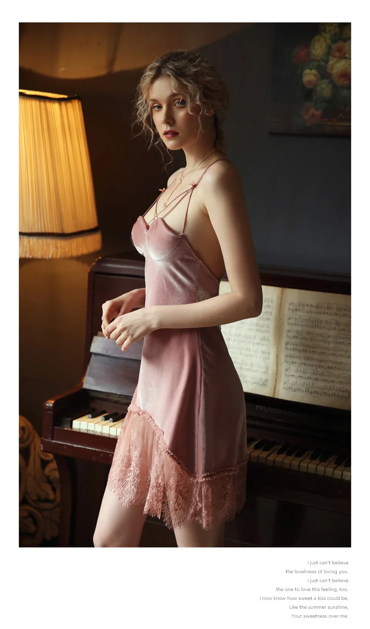 Сексуальная бархатная ночная рубашка женская кружевная ночная рубашка с v-образным вырезом ночная рубашка с подтяжками на спине с подушечкой для груди маленькая грудь соблазнительная ночная рубашка