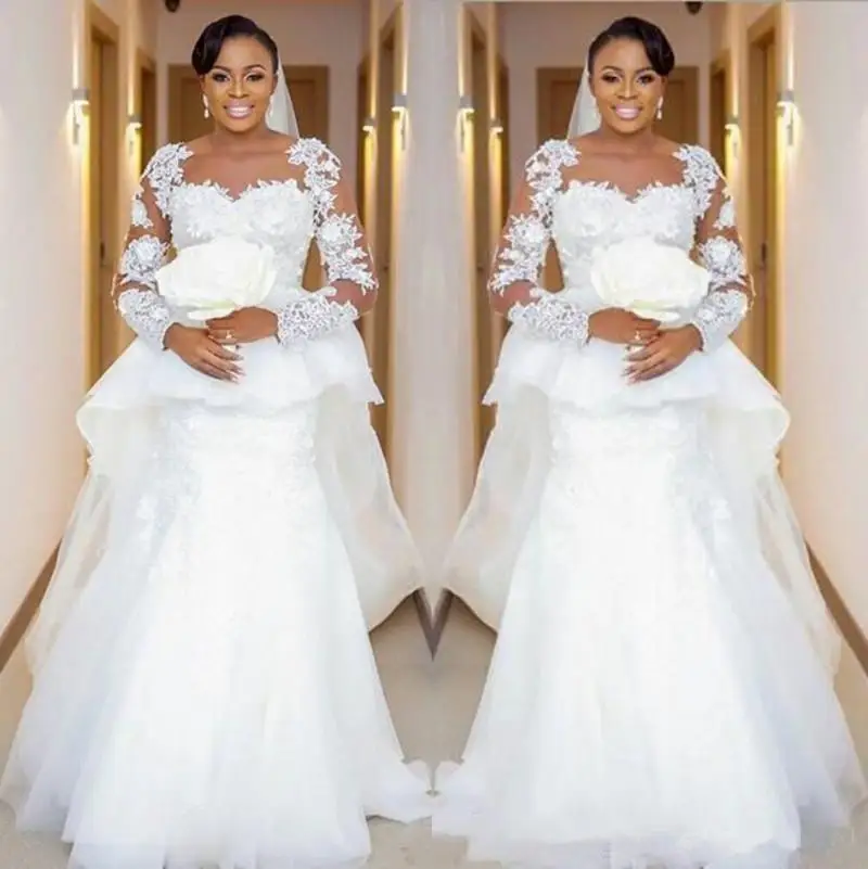

Mermaid Wedding Dress Overskirt Beading Flower Appliques Lace Illusion Long Sleeve Dubai Bridal Gowns Customize Plus Size