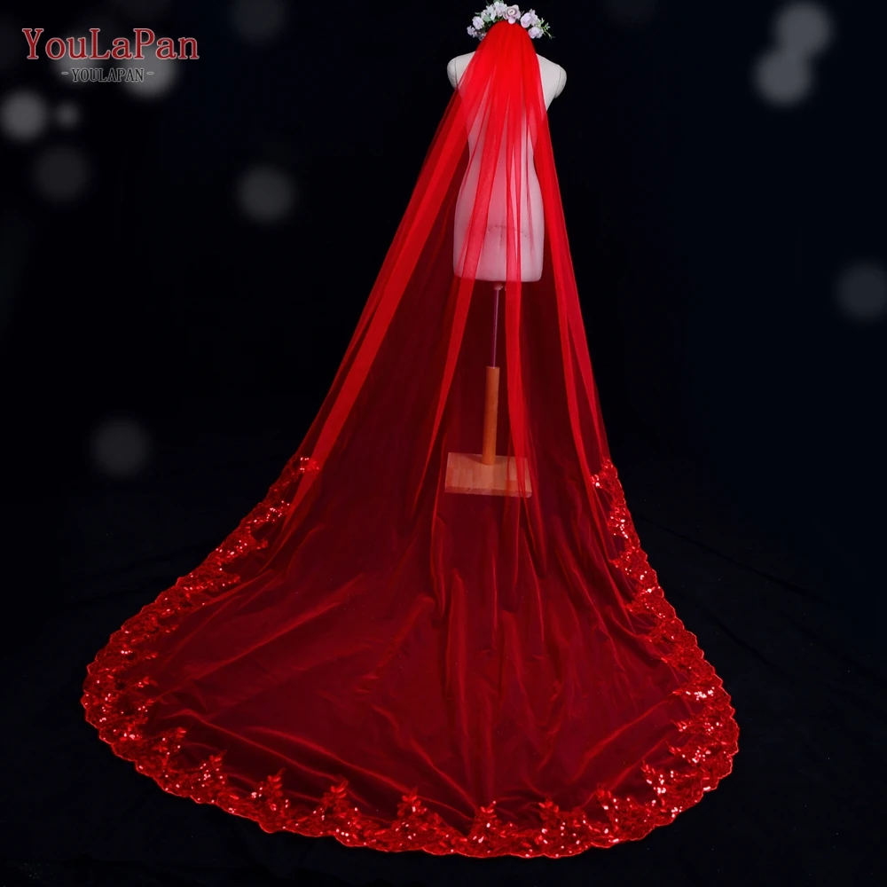 YouLaPan V86 Wedding Bridal Veils Red Crystal Beaded Red Cathedral Wedding Veil with Sequins Veil with Glitter Red Veil