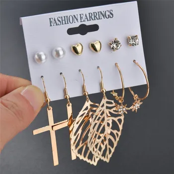 

LETAPI 2020 New Gold Color Metal Cross Leaf Earrings For Women Crystal Pearl Heart Earring Set Brincos Statement Jewelry