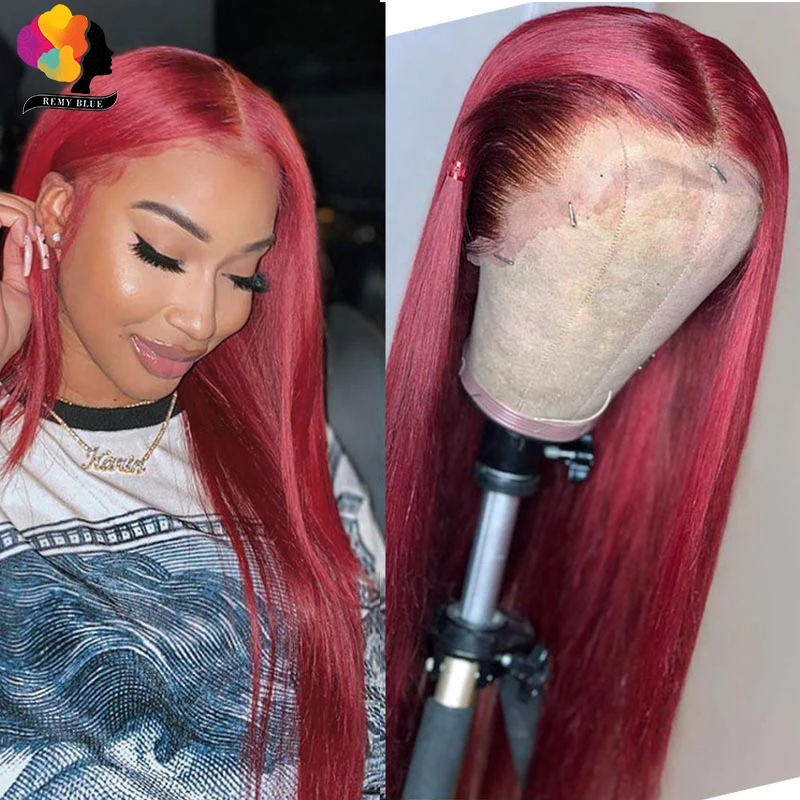Hot Products! Remyblue 13*1 Lace Front Human Hair Wigs 99J Red Straight Malaysian Remy Human Hair Deep Part Wig Pre Plucked Baby Hair 28 inch