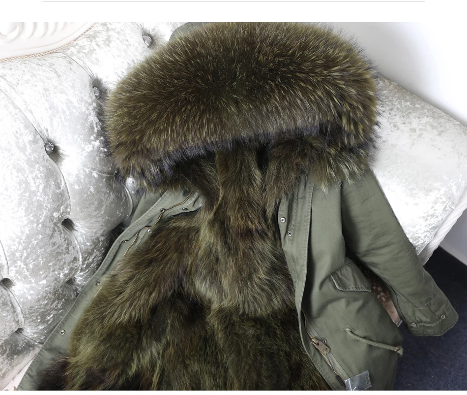 Однотонная Свободная Женская одежда пальто из натурального меха зимняя модная Толстая парка с воротником из натурального меха енота куртка с подкладкой из меха енота