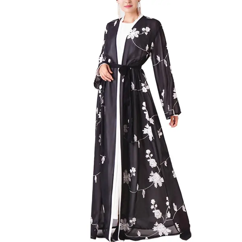 Black MISSJOY Abayas кимоно Вышивка женское платье Мусульманский Стиль; Ближний Восток Повседневный Кафтан Исламская одежда снаружи турецкий женский халат - Цвет: Black
