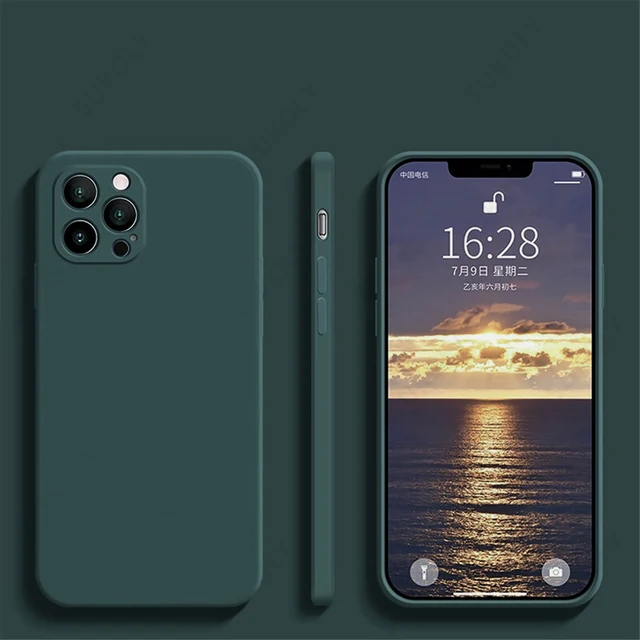Luxury Liquid Silicone Case on For iPhone 13 11 12 Pro Max SE 2 2020 XS Max XR X 7 8 6 6S Plus Cover Soft Camera Protection Case Dark Green