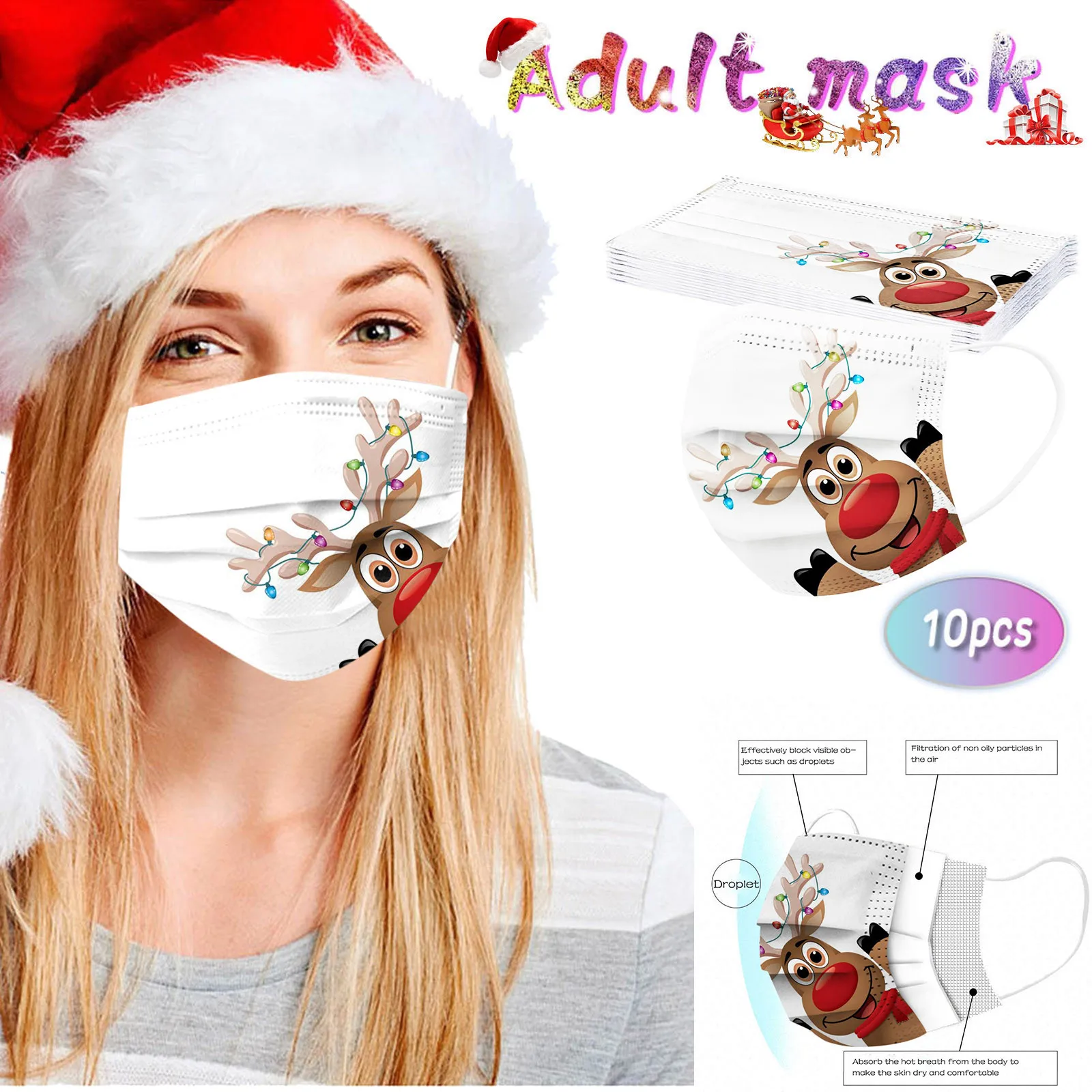 10pcs Christmas Printed Adult's Mask Dustproof Disposable High Quality 3ply Earhook Mouth Cover Mascarillas Masques Маска |
