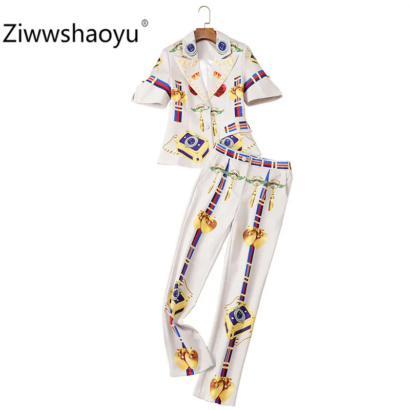 Ziwwshaoyu элегантные офисные женские брюки костюмы для женщин с коротким рукавом однобортное пальто+ брюки модный осенний комплект из двух предметов