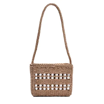 

Summer 2020 new straw small square bag fashion shu women with one shoulder cross-body beach pearl small bag vintage woven bag