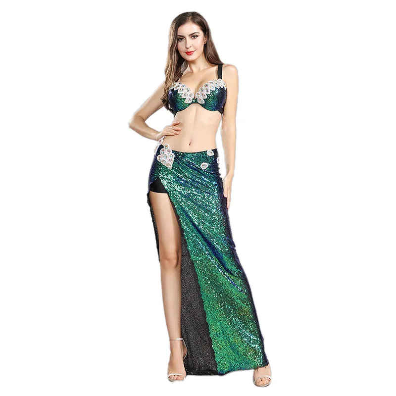 

Belly Dance 2pcs Beaded Sequins Bra Split Skirt Bellydance Costumes Set Dancing Competition Suit Stage Performance Dancewear