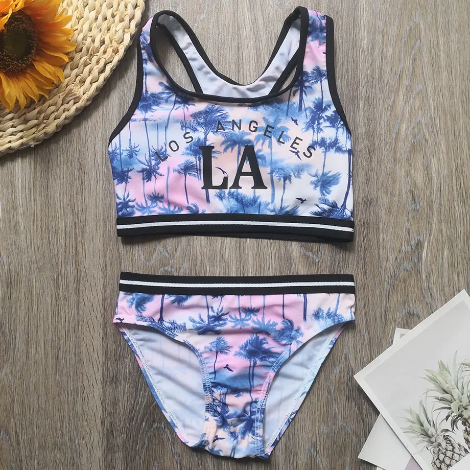 6 13 Years Girl Swimsuit Kids Plant Print Teenage Girl Bikini Set Crop