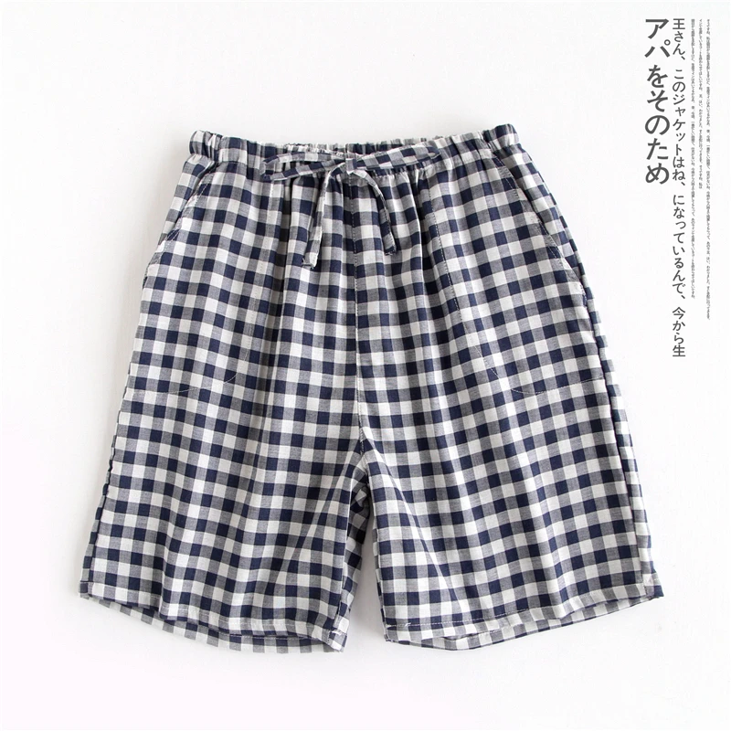 Couple pajamas summer cotton gauze shorts Japanese style simple elastic waist casual large size lattice men and women home pants