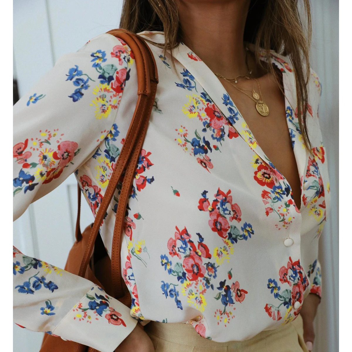 Floral Printted Silk Shirt Women Summer Pink