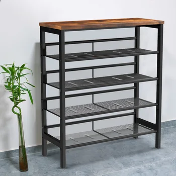

Rack Shoe-Organizer Storage-Shoes Cabinet Classic Retro Entryway Wooden Wood And Elegant Black Metal Frame Multi-Function shelf