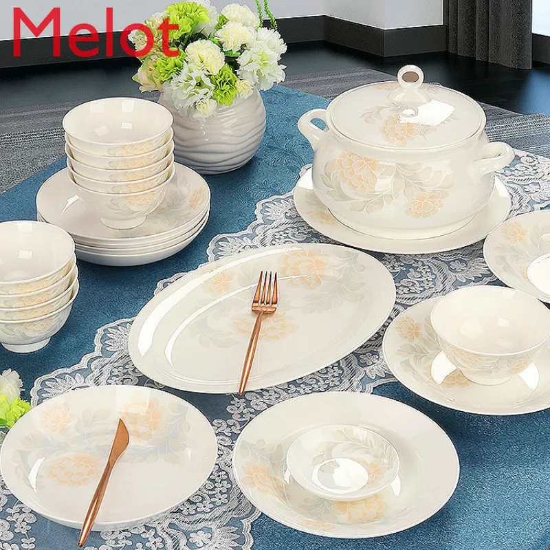 

Bone china dishes and tableware sets household glaze color simple Chinese high-grade underglaze ceramic bowl and plate