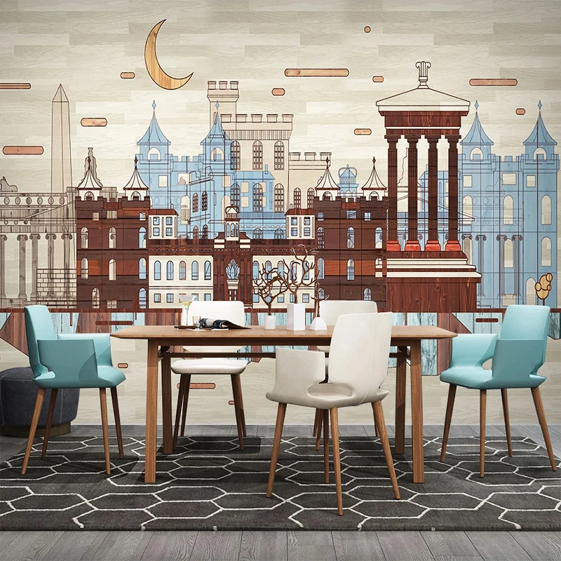 

Drop Shipping Custom 3D Photo Wallpaper Hand Painted City Building Retro Wood Plank Mural Study Room Backdrop Home Decor