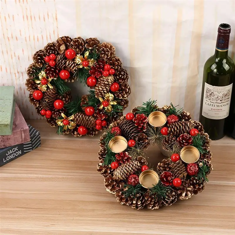 27 см Рождественский венок ручной работы из ротанга, гирлянда из искусственного соснового конуса, красная ягода, праздничный подвесной дверной венок, Рождественское украшение