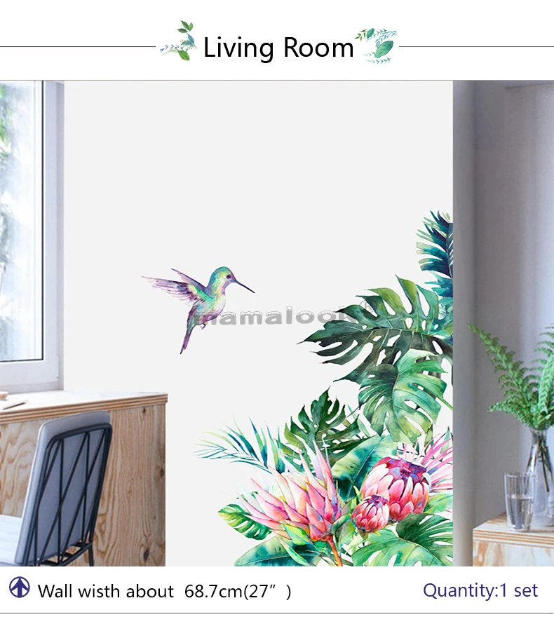 Tropical leaves flowers bird Wall Stickers bedroom living room decoration mural home decor decals removable stickers wallpaper Tropical leaves flowers bird Wall Stickers bedroom living room decoration mural home decor decals removable stickers wallpaper