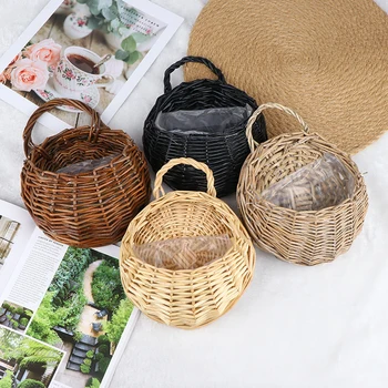 

4Colors Flower Planter Wall Hanging Wicker Rattam Basket Garden Vine Pot Indoor Plants Holder