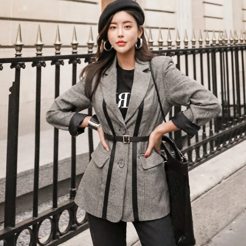 Autumn Winter Fashion Casual Belted Lace-up Trench Women 2019 New Retro Striped Nothced Pockets Suits Coat OL Work Wear Gray