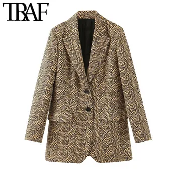 

TRAF Women Fashion Office Wear Animal Print Blazers Coat Vintage Long Sleeve Pockets Loose Female Outerwear Chic Tops