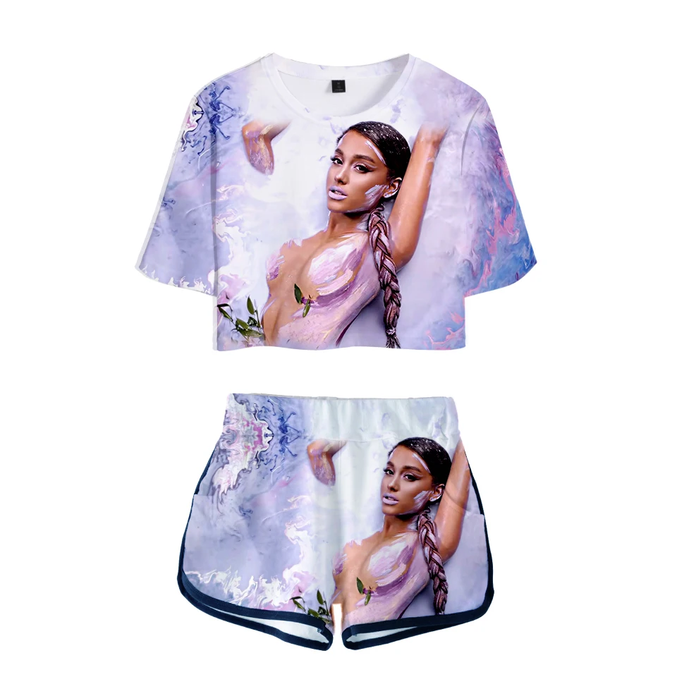 Ariana Grande, 3D костюм для бега, укороченная футболка, мини шорты, комплект из двух предметов, женский модный спортивный костюм, женский сексуальный укороченный топ, футболка