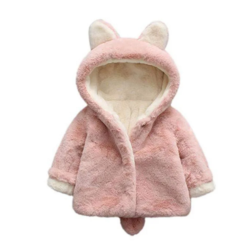 Oeak пальто с мехом для маленьких девочек; сезон осень-зима; плотные куртки для девочек; Верхняя одежда с капюшоном; пальто; Одежда для новорожденных; милый детский комбинезон с кроликом