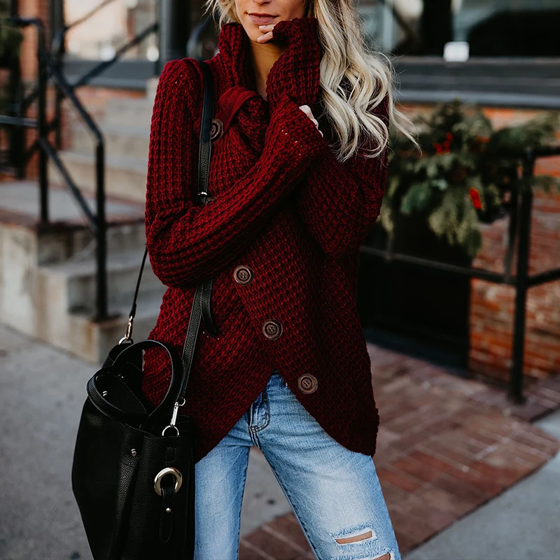 Женский свитер с высоким воротом, Осенний Повседневный Свободный вязаный женский пуловер с пуговицами, модный нестандартный однотонный джемпер размера плюс