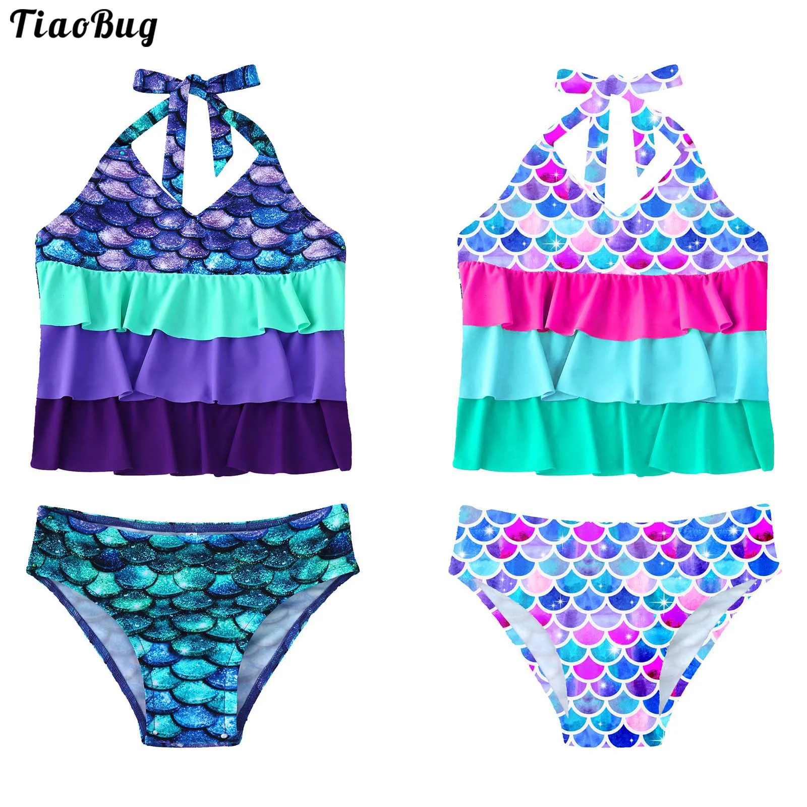 

TiaoBug Summer 2Pcs Kids Girls Swimsuit Halter Neck Sleeveless Layered Ruffle Trim Tops And Briefs Set Beach Mermaid Swimwear