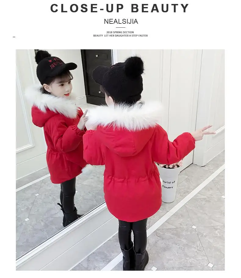 Winter Kids Girls Thickening Faux Fur Collar Cotton Jacket Baby Girls Hooded Casual Warm Outwear Children Padded Parkas K61