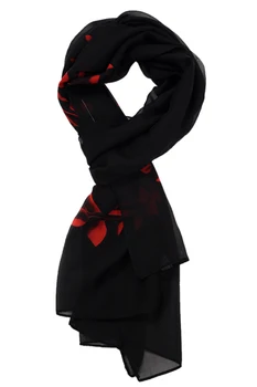 

Black Vintage Red Flowering Branch Print Pattern Chiffon Scarf For Women