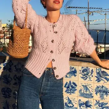 

KHALEE YOSE Chic Knitted Sweater Cardigan Autumn Hollow Out Women Sweater Button Slim Vintage Winter Pink White Grey Sweater