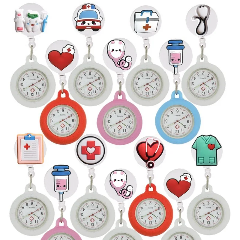 Retractable Hospital Medical Icon Love Heart Badge Reel Cartoon Nurse Doctor Pocket Watch Hang Clips Quartz Watches Clock
