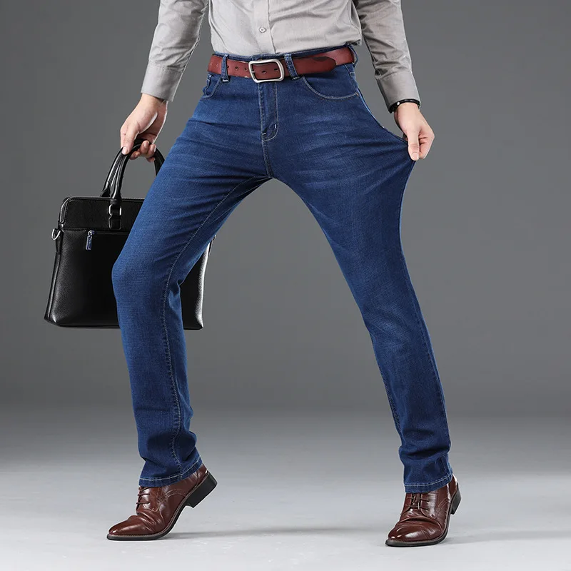 Новинка, Мужские осенне-зимние хлопковые джинсы, мужские облегающие штаны, Стрейчевые деловые прямые эластичные джинсовые брюки, мужские брендовые