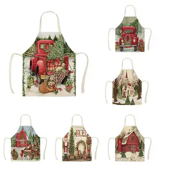 

1Pcs Kitchen Apron red truck christmas wish tree Printed Sleeveless Cotton Linen Aprons for Men Women Home Cleaning Tools55*68cm